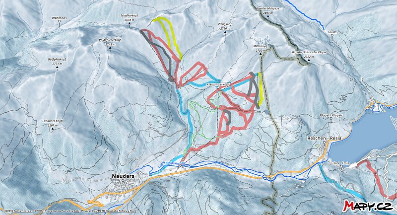 3D zimní mapa lyžařské oblasti Nauders