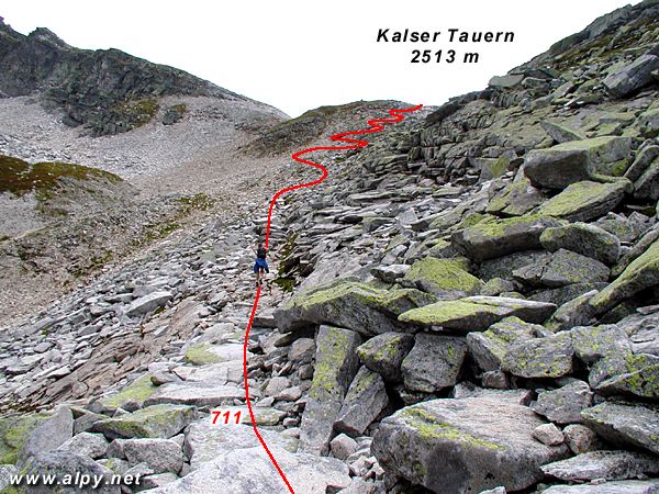 Cesta do sedla Kalser Tauern vede kamennm polem